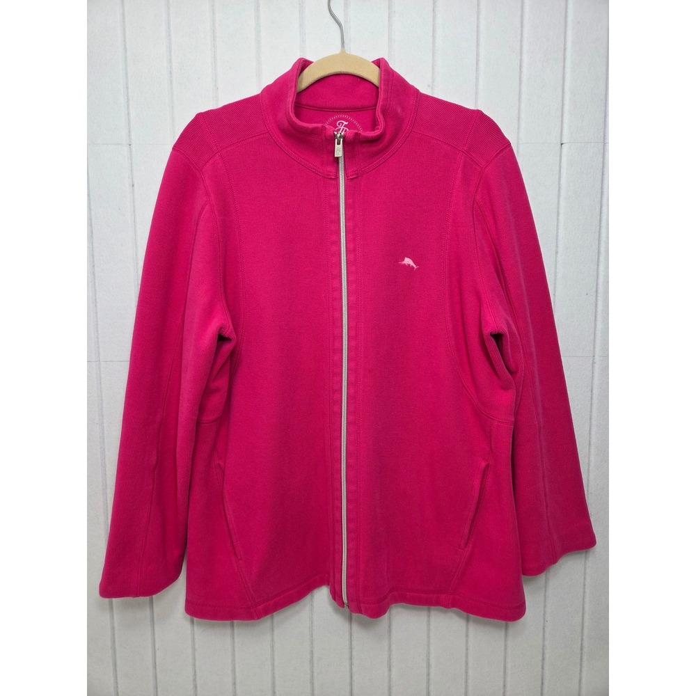 Tommy Bahama Pink Full Zip Ribbed Knit Jacket Womens XL Cotton Blend‎ Mock Neck